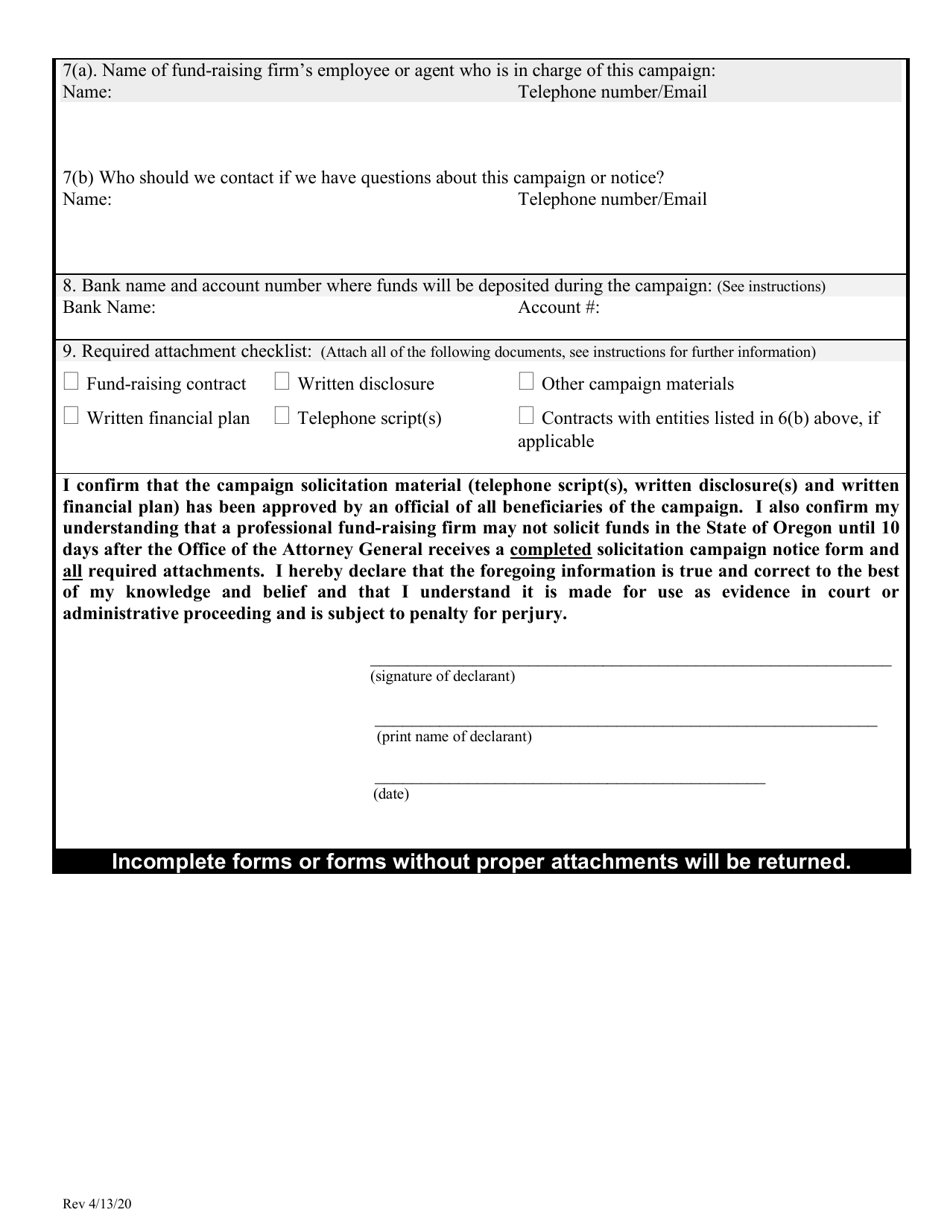Form PF-11 (PF-21) Fund-Raising Firm Solicitation Campaign Notice - Oregon, Page 2