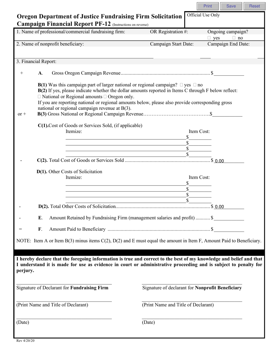 Form PF-12 Fundraising Firm Solicitation Campaign Financial Report - Oregon, Page 1