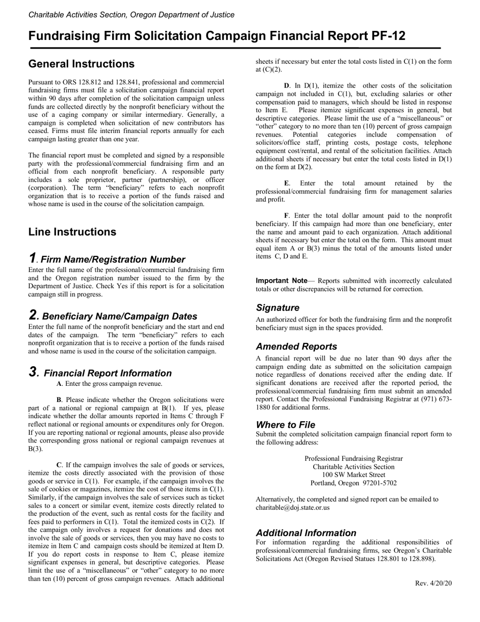 Form PF-12 Fundraising Firm Solicitation Campaign Financial Report - Oregon, Page 2