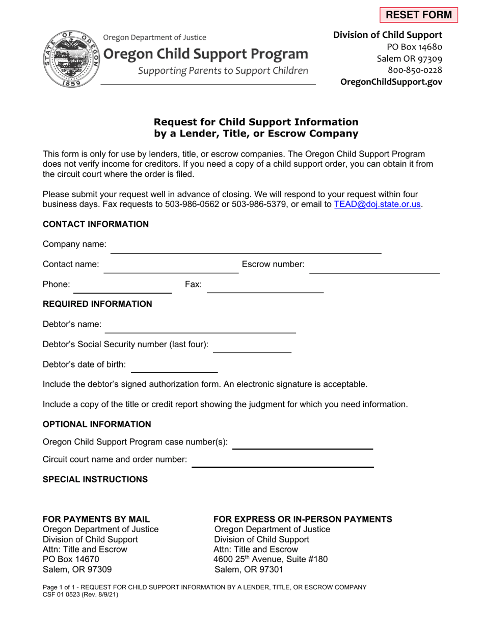 Form CSF01 0523 Request for Child Support Information by a Lender, Title, or Escrow Company - Oregon, Page 1