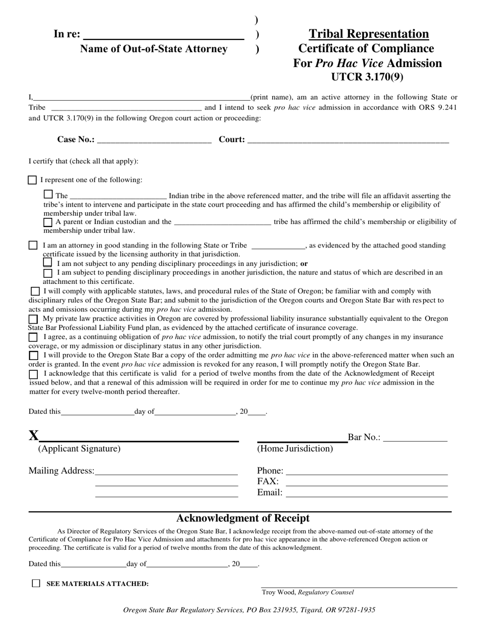 Tribal Representation Certificate of Compliance for Pro Hac Vice Admission - Oregon, Page 1