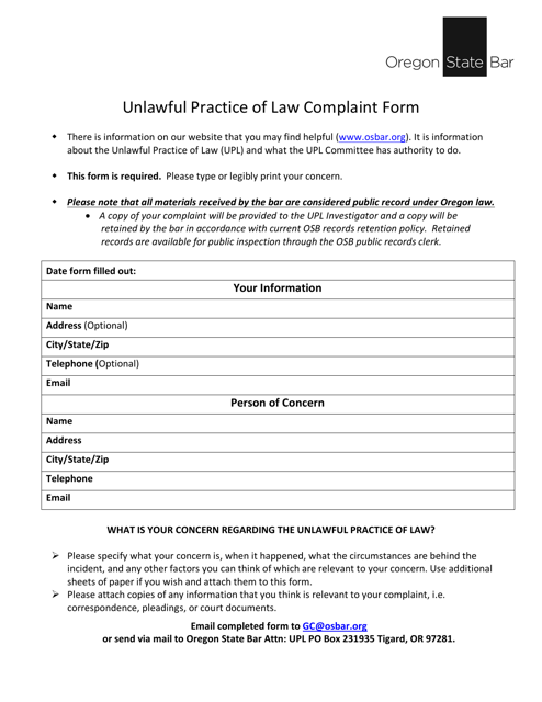 Unlawful Practice of Law Complaint Form - Oregon Download Pdf