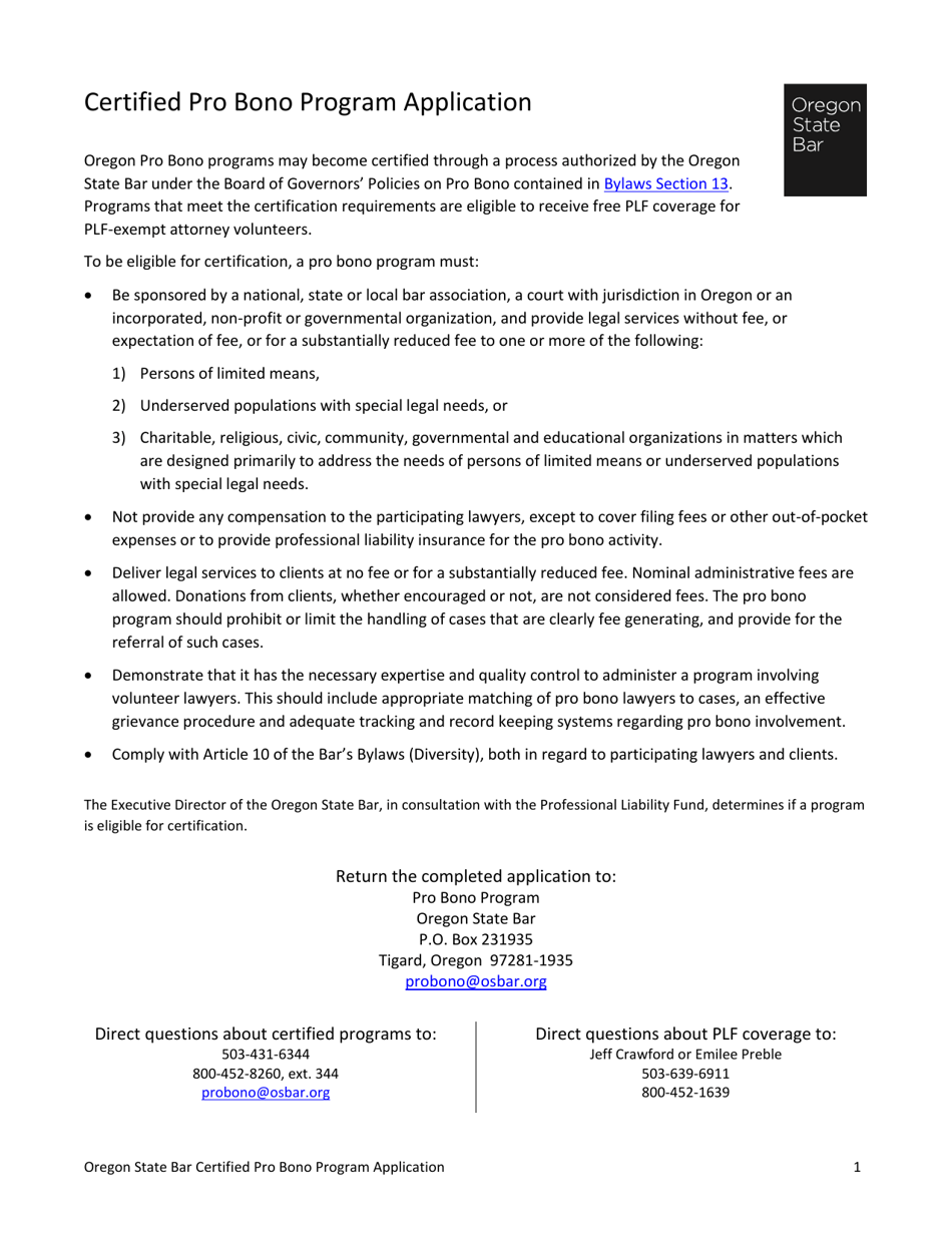Certified Pro Bono Program Application - Oregon, Page 1