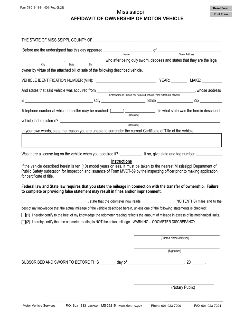 Form 78-013 Affidavit of Ownership of Motor Vehicle - Mississippi, Page 1