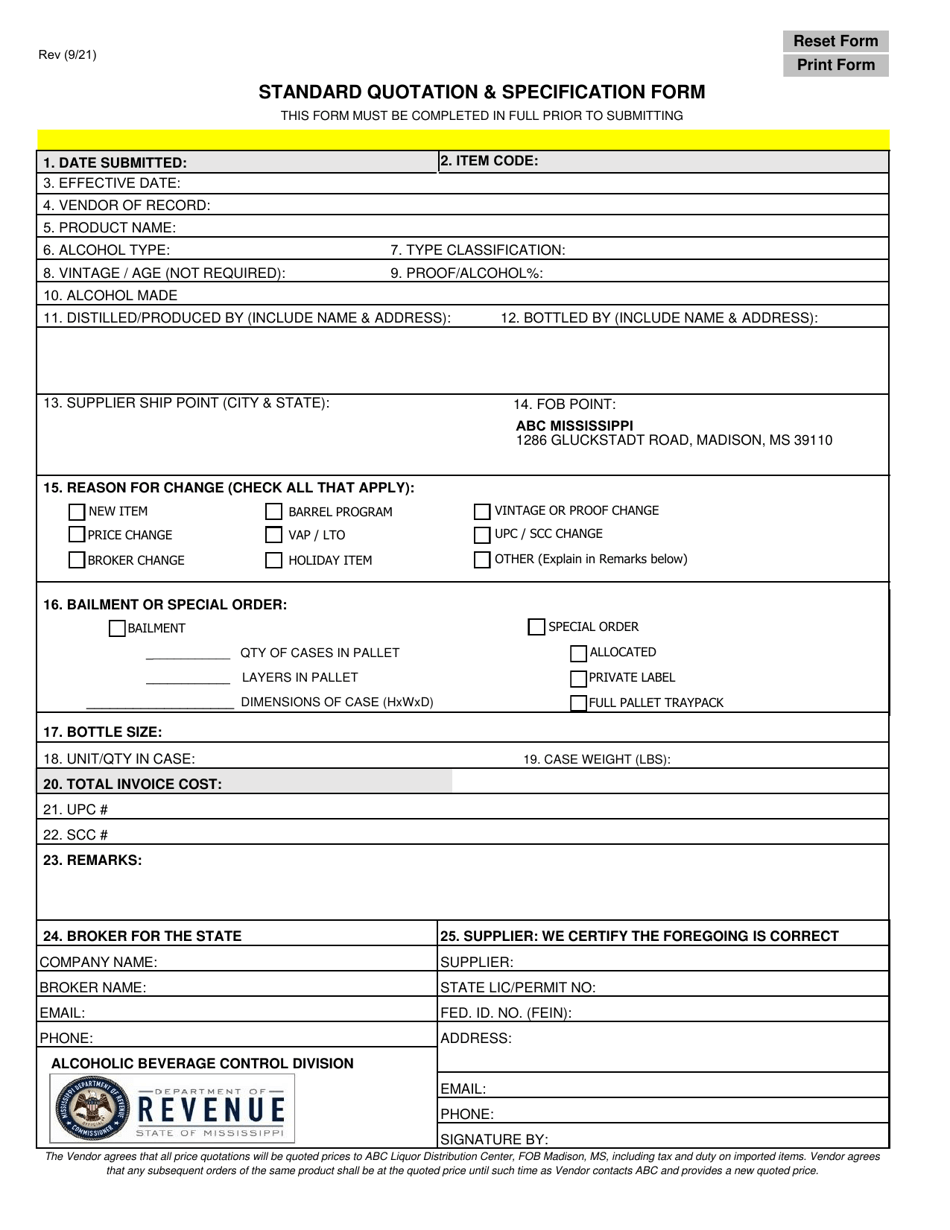 Standard Quotation  Specification Form - Mississippi, Page 1