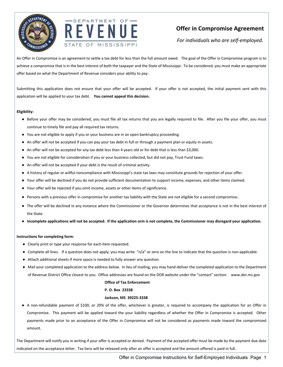 Instructions for Offer in Compromise Application for Self-employed Individuals - Mississippi, Page 1