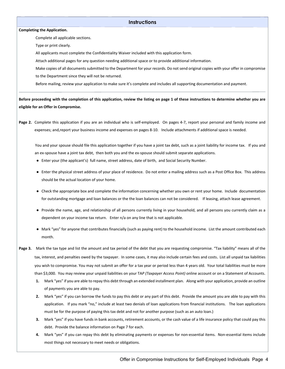 Instructions for Offer in Compromise Application for Self-employed Individuals - Mississippi, Page 4