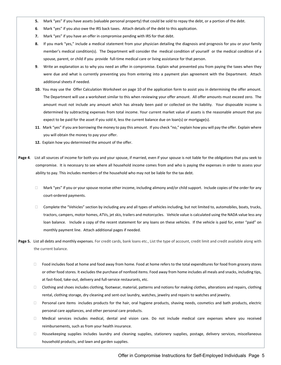 Instructions for Offer in Compromise Application for Self-employed Individuals - Mississippi, Page 5