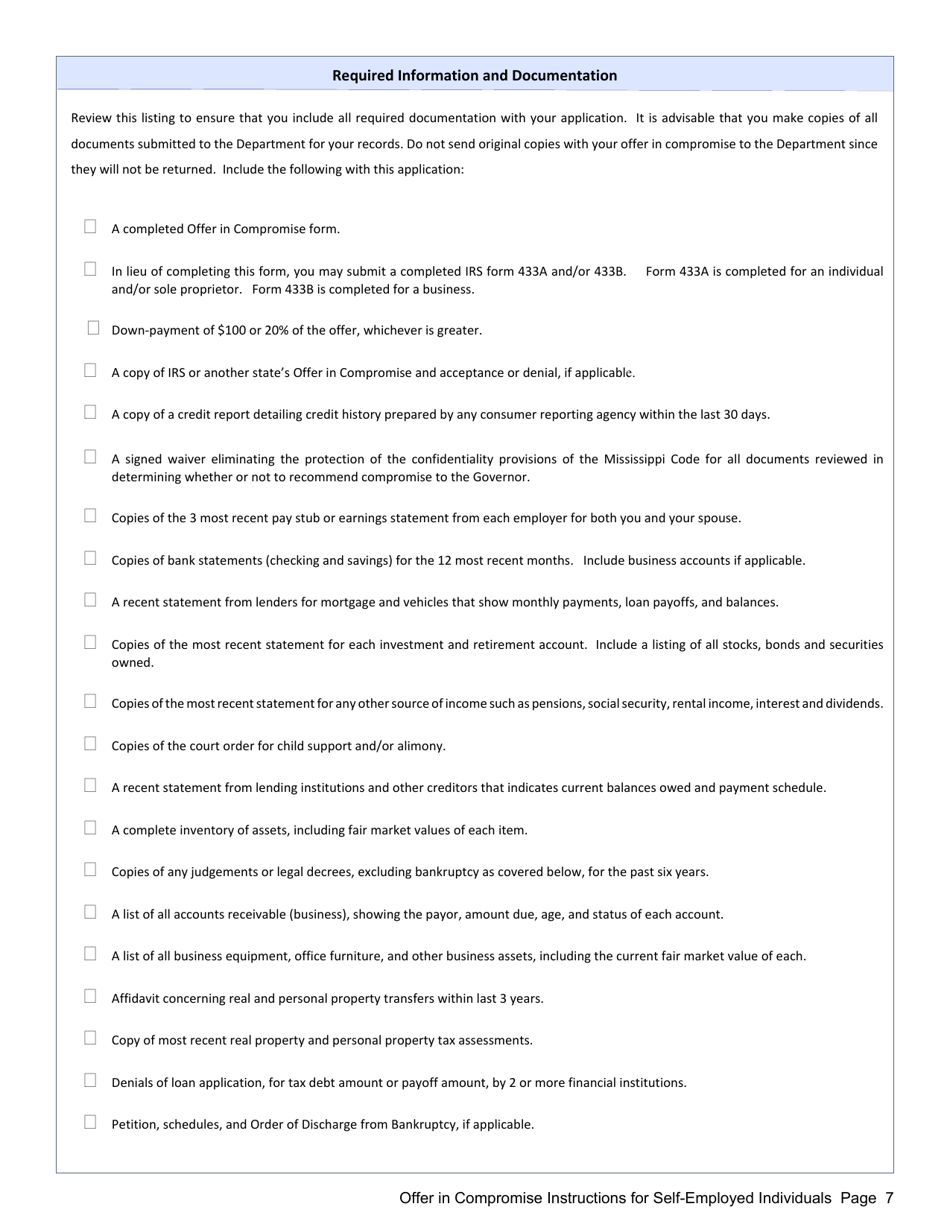 Instructions for Offer in Compromise Application for Self-employed Individuals - Mississippi, Page 7