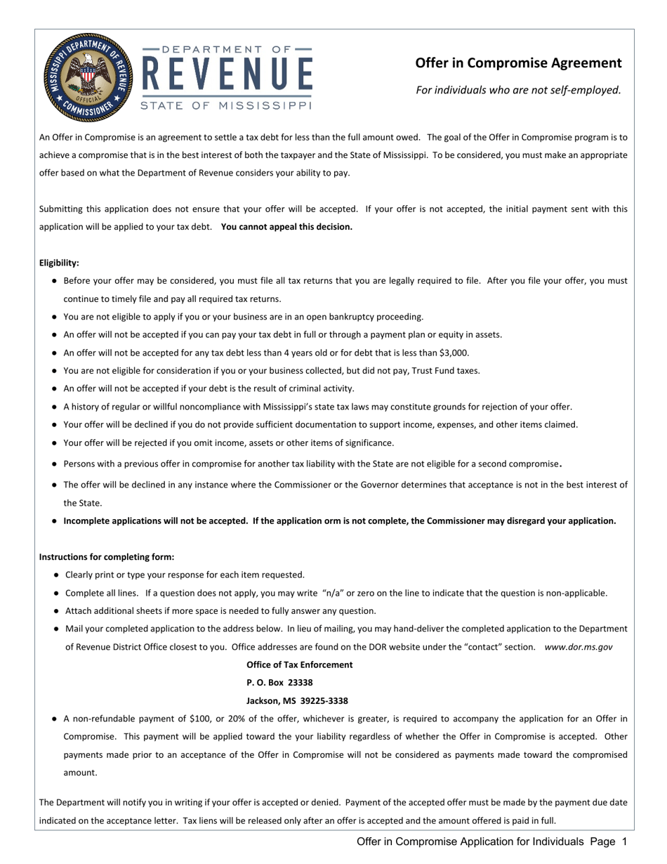 Instructions for Offer in Compromise Application for Individuals Who Are Not Self-employed - Mississippi, Page 1