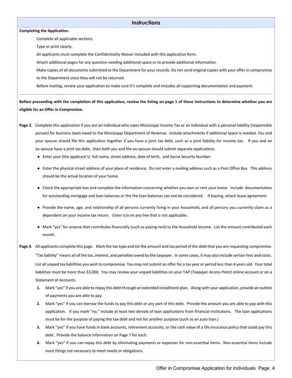 Instructions for Offer in Compromise Application for Individuals Who Are Not Self-employed - Mississippi, Page 4