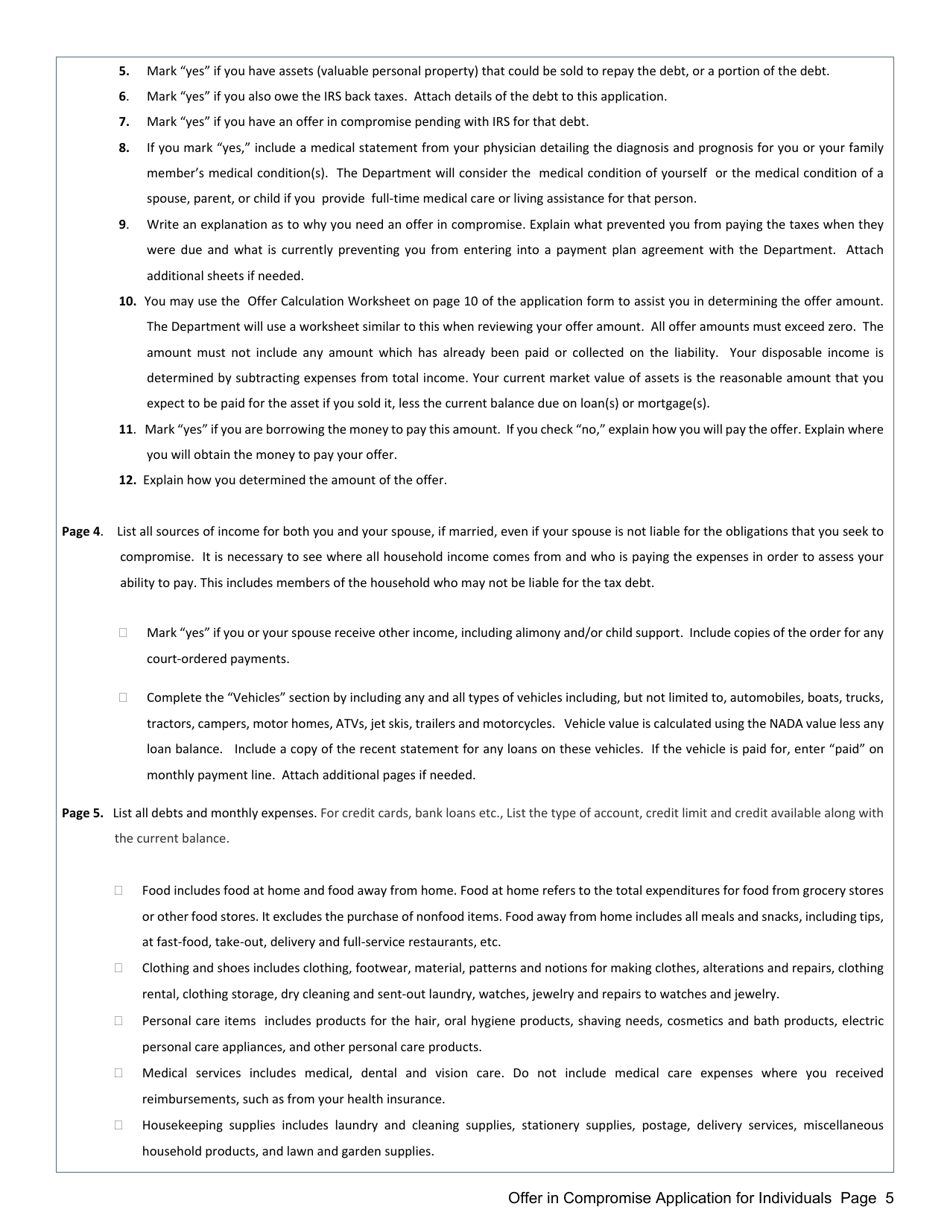 Instructions for Offer in Compromise Application for Individuals Who Are Not Self-employed - Mississippi, Page 5