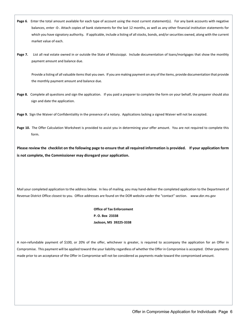 Instructions for Offer in Compromise Application for Individuals Who Are Not Self-employed - Mississippi, Page 6