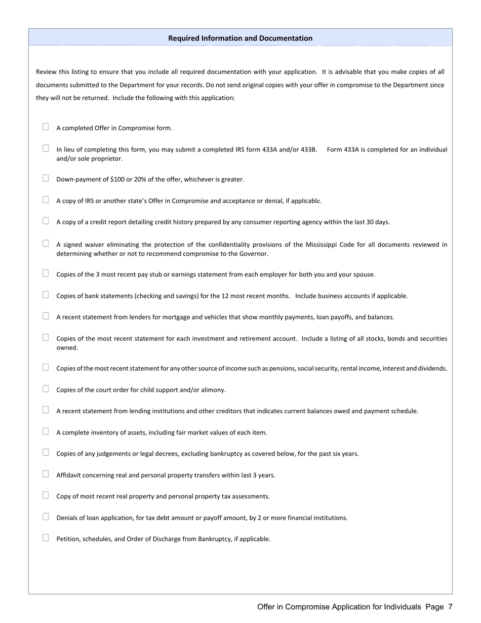 Instructions for Offer in Compromise Application for Individuals Who Are Not Self-employed - Mississippi, Page 7