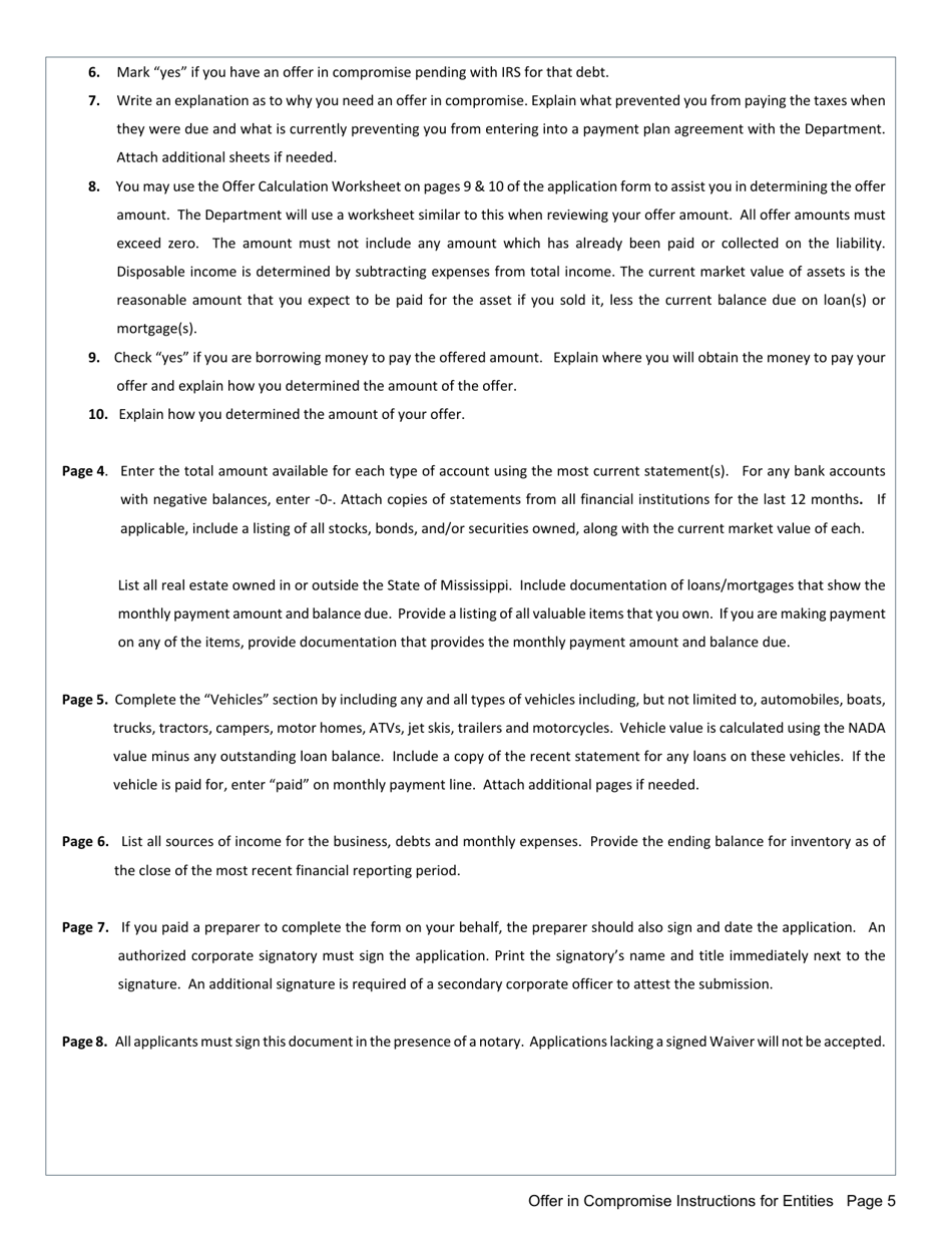Instructions for Offer in Compromise Application for Entities - Mississippi, Page 5