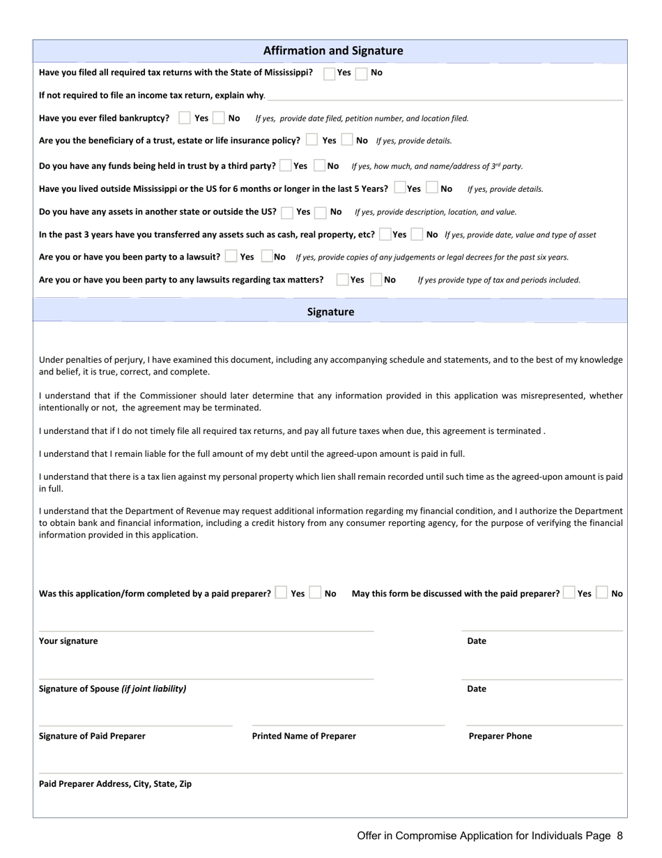 Offer in Compromise Application for Individuals - Mississippi, Page 8