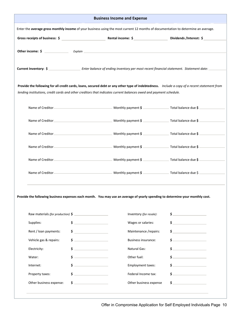 Offer in Compromise Application for Self Employed Individuals - Mississippi, Page 10