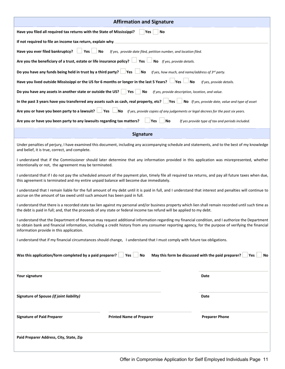 Offer in Compromise Application for Self Employed Individuals - Mississippi, Page 11