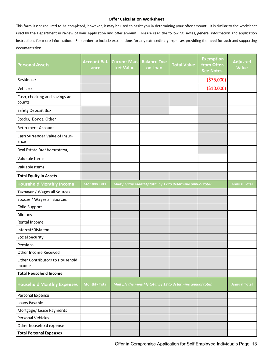 Offer in Compromise Application for Self Employed Individuals - Mississippi, Page 13