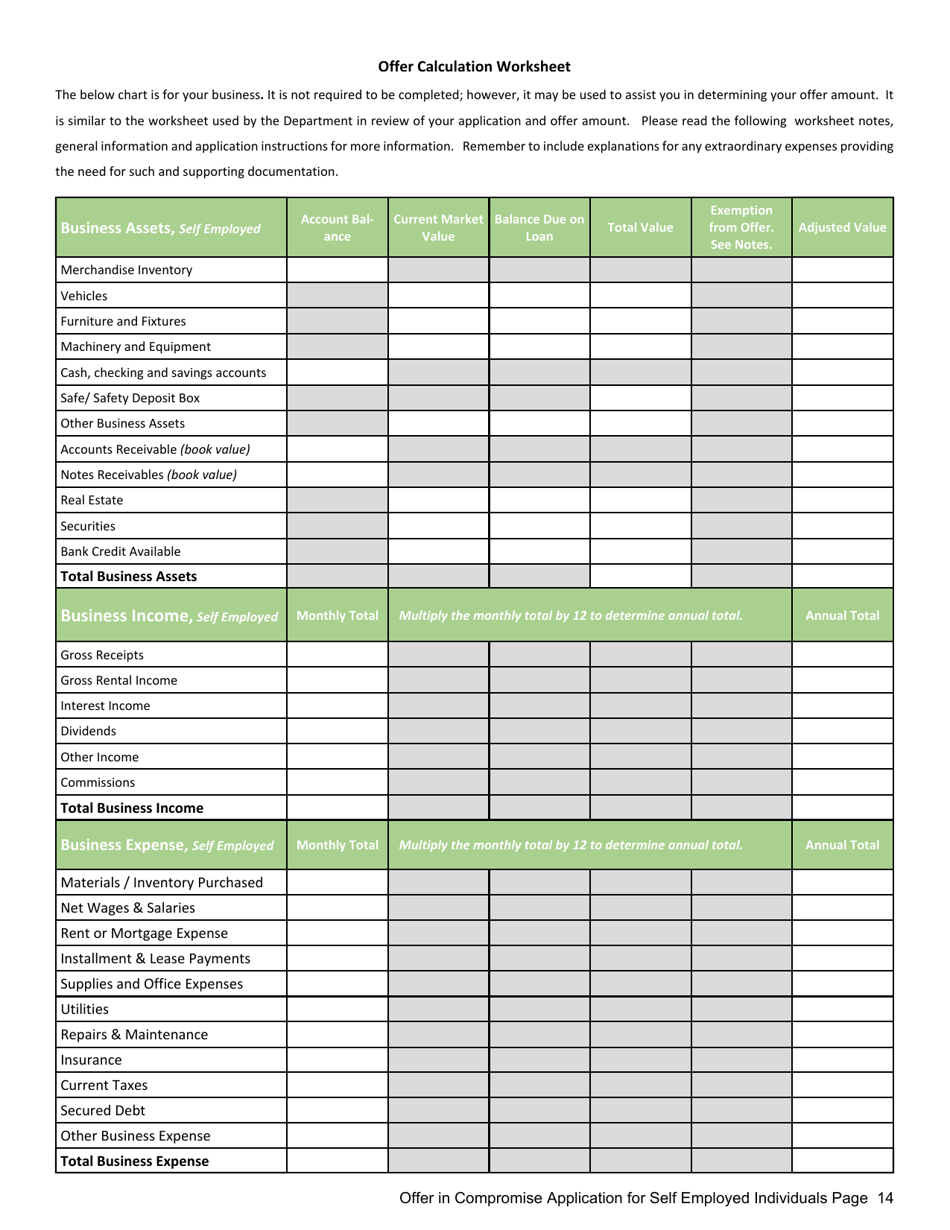 Offer in Compromise Application for Self Employed Individuals - Mississippi, Page 14