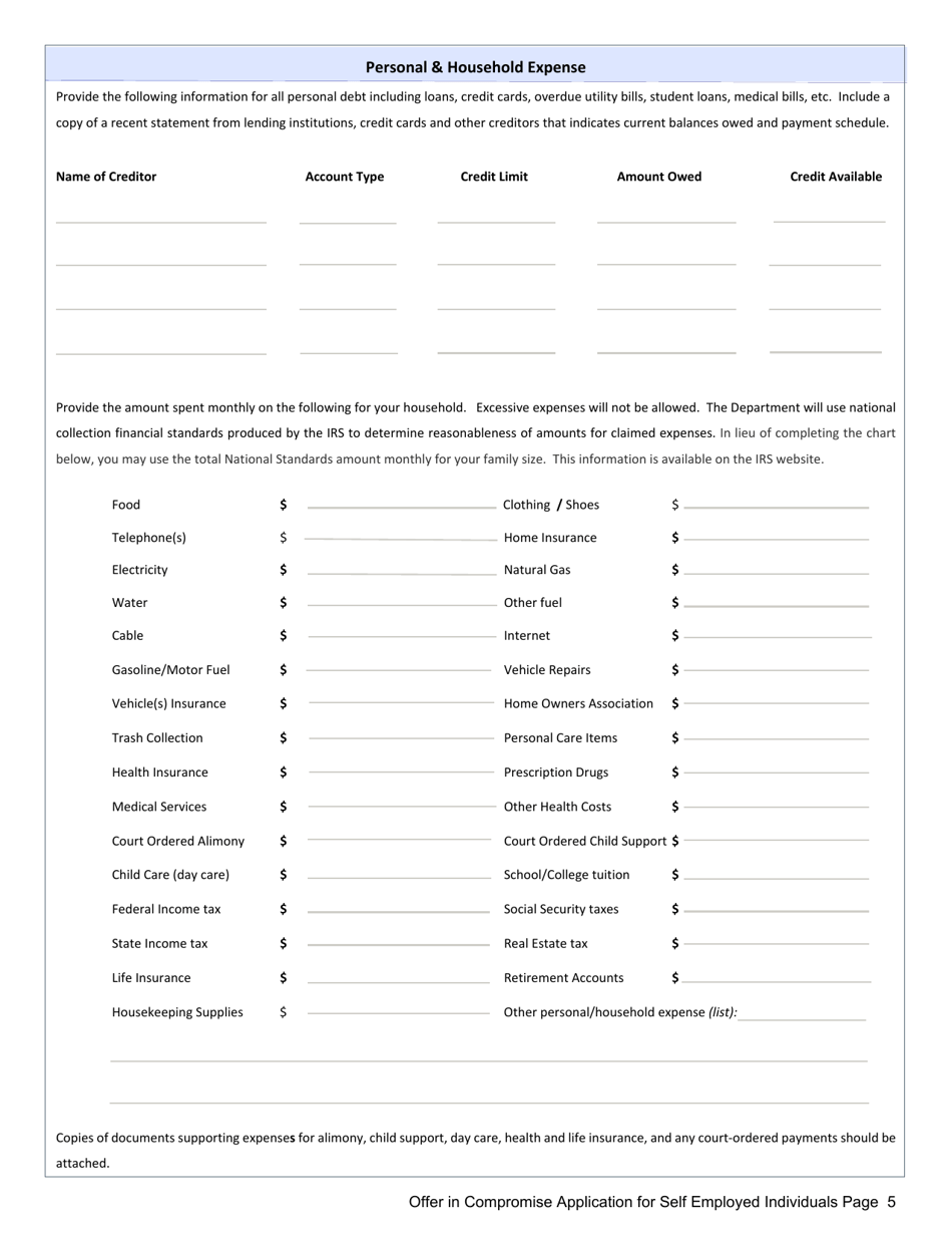 Offer in Compromise Application for Self Employed Individuals - Mississippi, Page 5