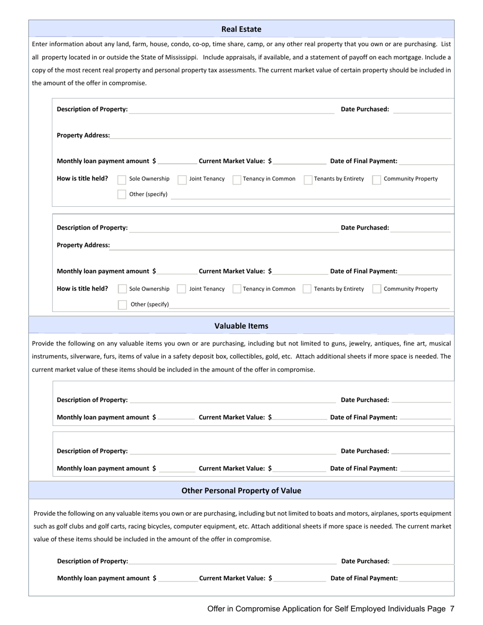 Offer in Compromise Application for Self Employed Individuals - Mississippi, Page 7