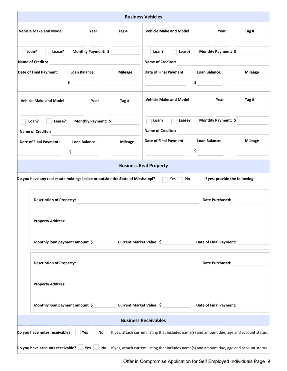 Offer in Compromise Application for Self Employed Individuals - Mississippi, Page 9