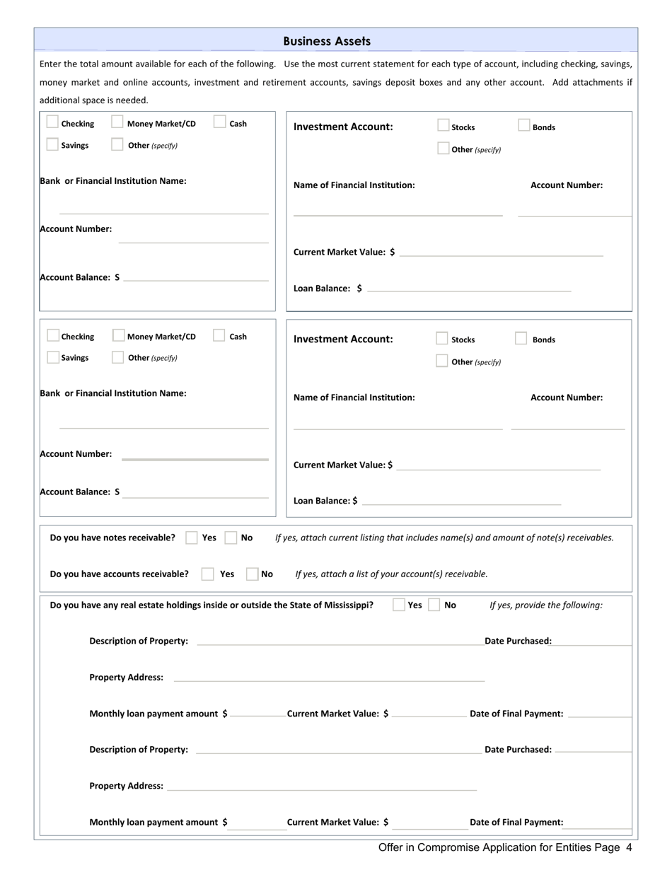 Offer in Compromise Agreement Application Form for Entities - Mississippi, Page 4