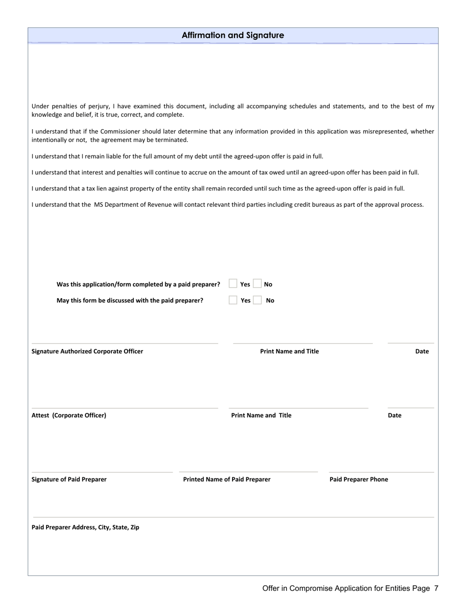 Offer in Compromise Agreement Application Form for Entities - Mississippi, Page 7