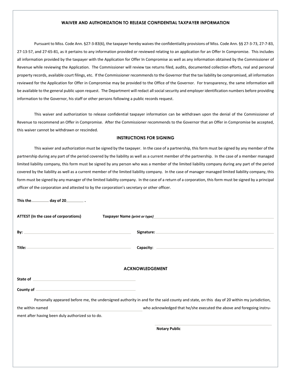 Mississippi Offer in Compromise Agreement Application Form for Entities ...