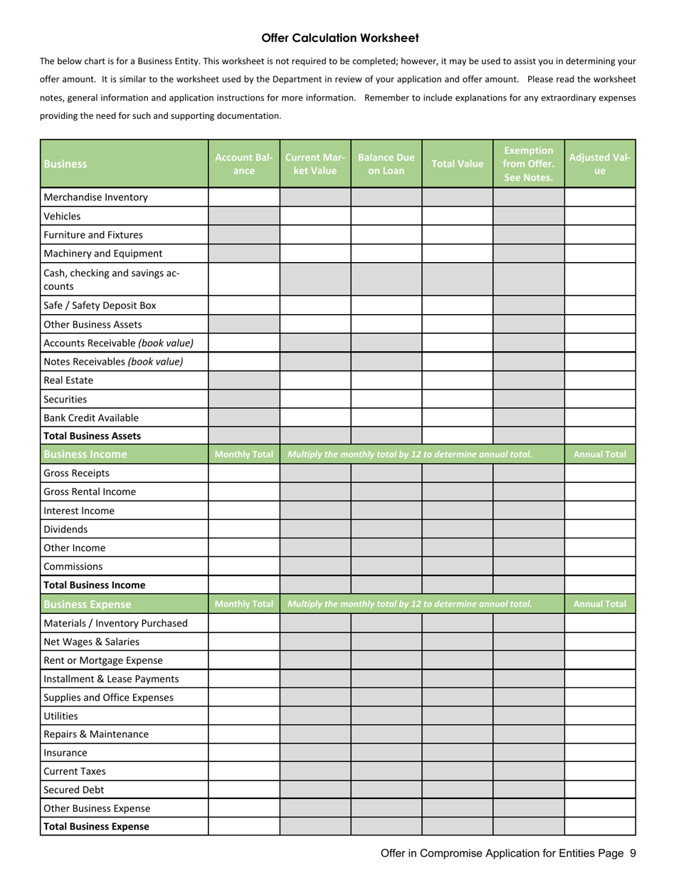 Offer in Compromise Agreement Application Form for Entities - Mississippi, Page 9