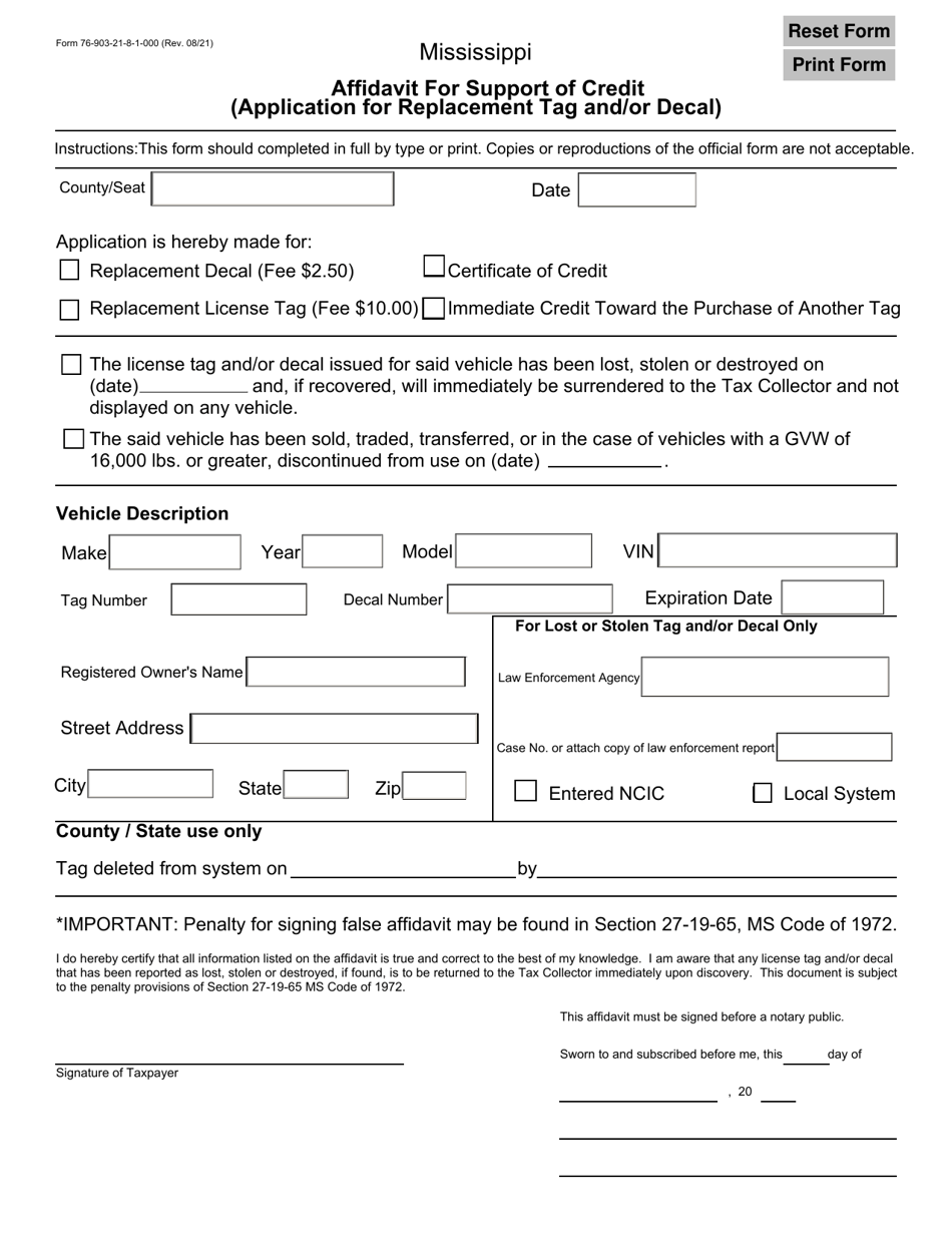 Form 76-903 Affidavit for Support of Credit (Application for Replacement Tag and / or Decal) - Mississippi, Page 1