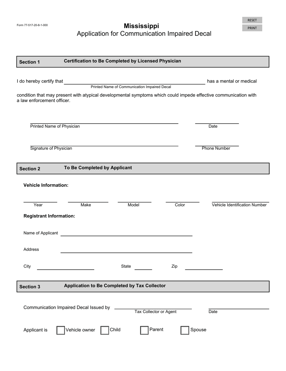 Form 77-517 Application for Communication Impaired Decal - Mississippi, Page 1