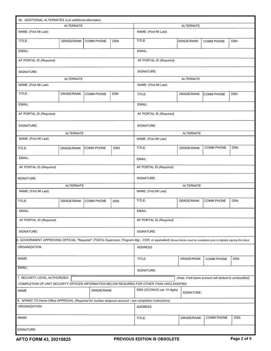 AFTO Form 43 Download Fillable PDF or Fill Online USAF Technical Order ...