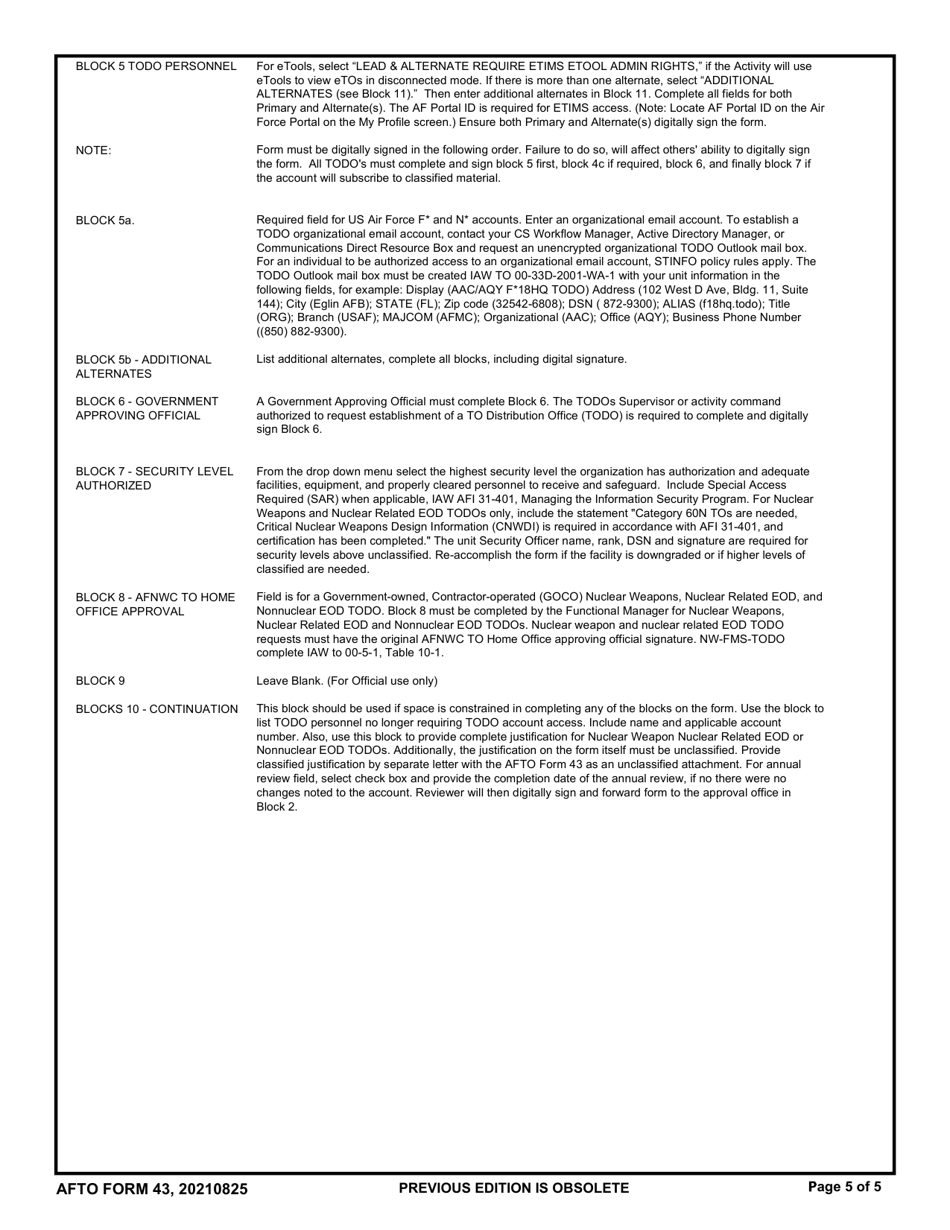 AFTO Form 43 USAF Technical Order Distribution Office (Todo) Assignment or Change Request, Page 5