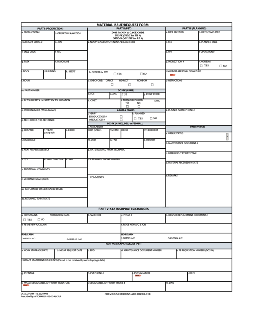 OC-ALC Form 112 Material Issue/Request Form