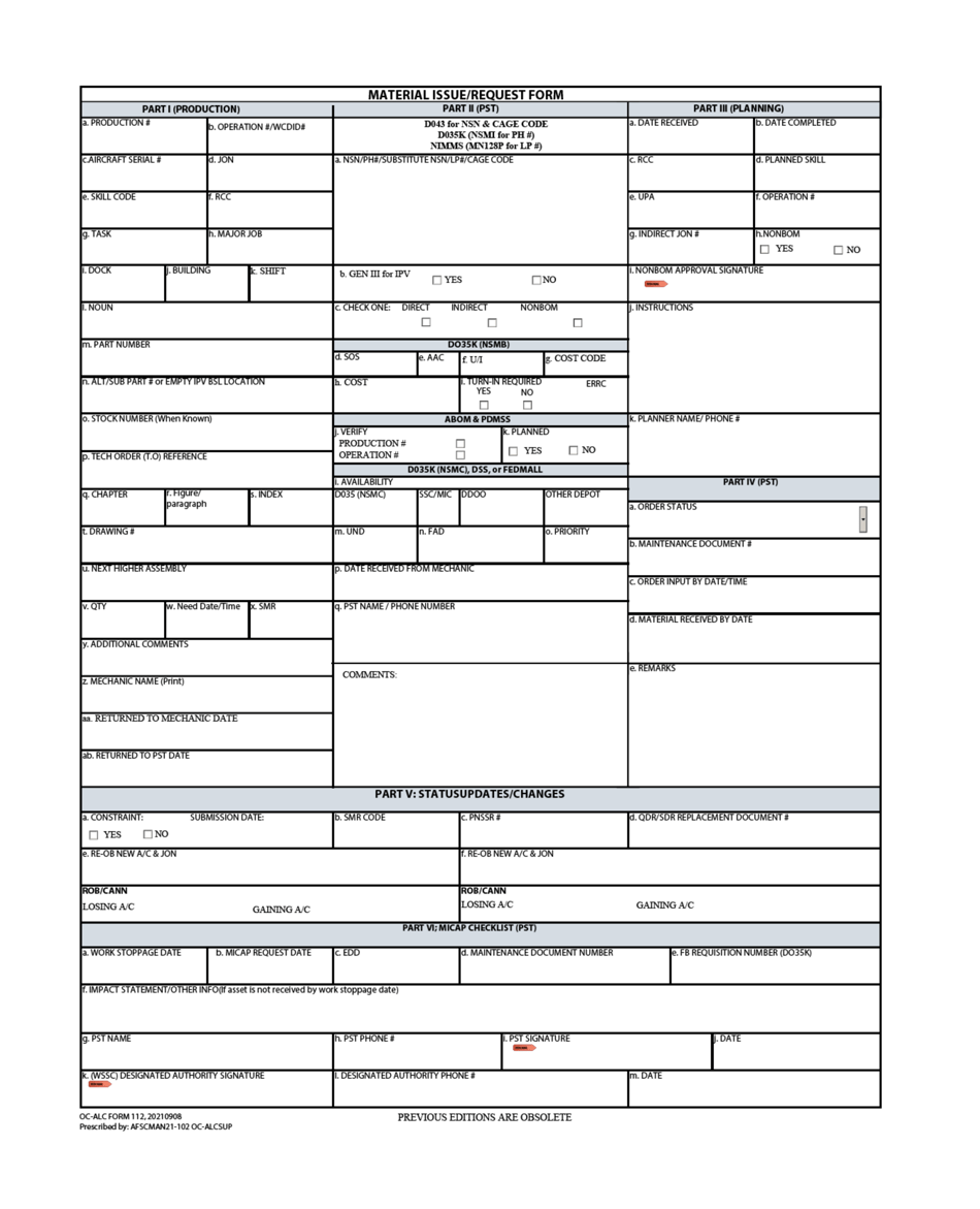 OC-ALC Form 112 Material Issue / Request Form, Page 1