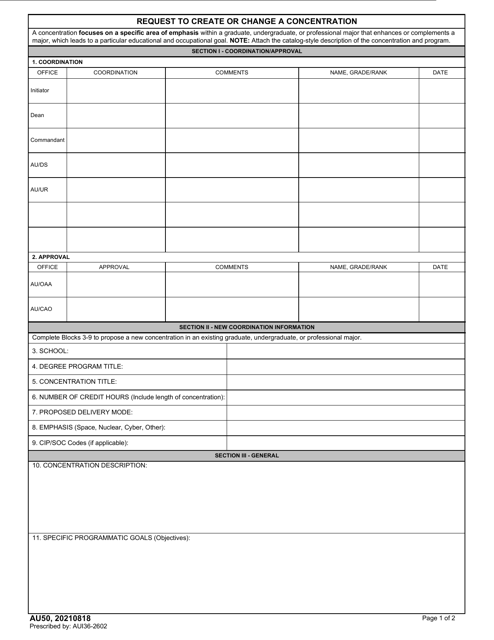 AU Form 50 Request to Create or Change a Concentration
