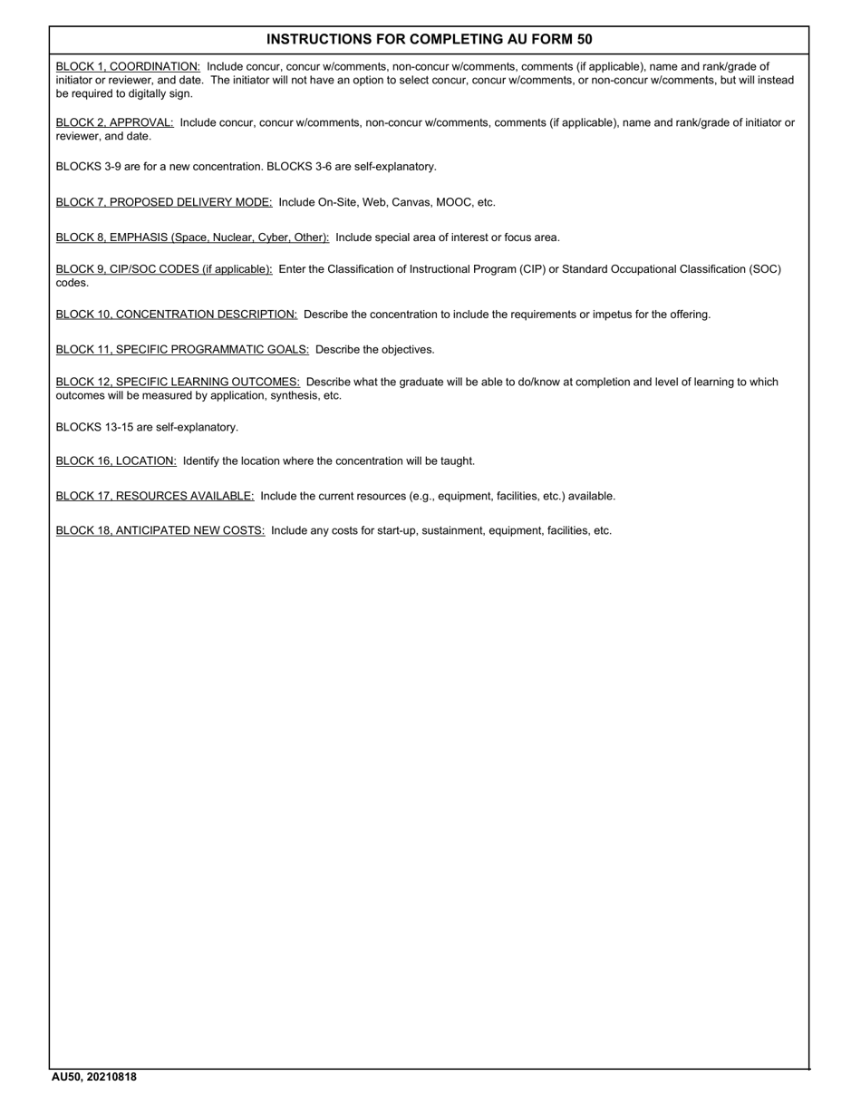 AU Form 50 Request to Create or Change a Concentration, Page 3