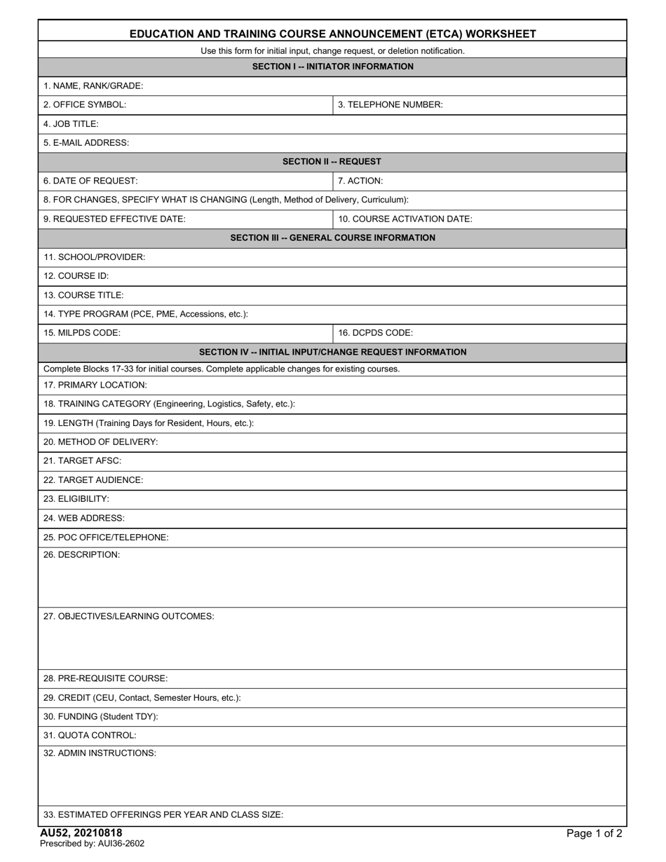 AU Form 52 Education and Training Course Announcement (Etca) Worksheet, Page 1