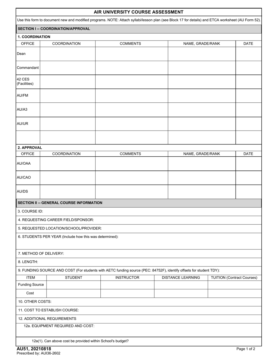 AU Form 51 Air University Course Assessment, Page 1