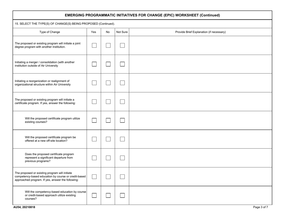 AU Form 54 Emerging Programmatic Initiatives for Change (Epic) Worksheet, Page 3