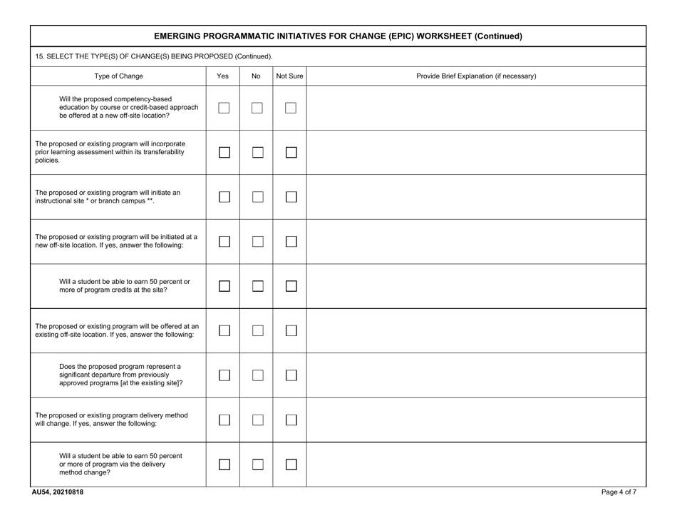 AU Form 54 Emerging Programmatic Initiatives for Change (Epic) Worksheet, Page 4