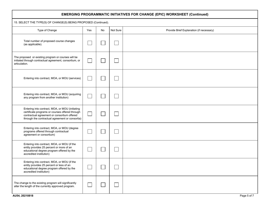 AU Form 54 Emerging Programmatic Initiatives for Change (Epic) Worksheet, Page 5