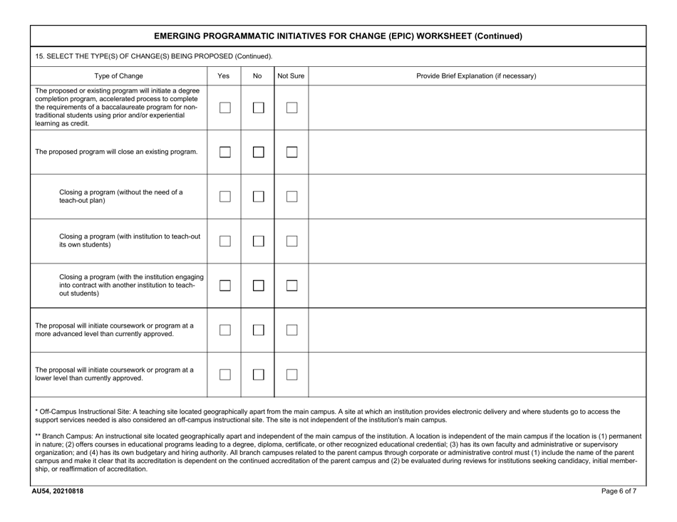 AU Form 54 Emerging Programmatic Initiatives for Change (Epic) Worksheet, Page 6