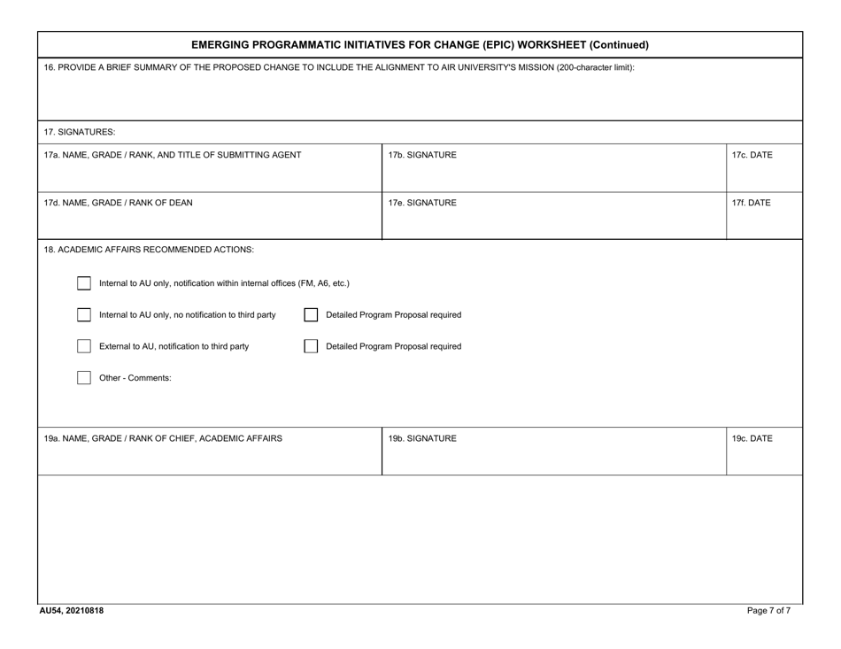 AU Form 54 Emerging Programmatic Initiatives for Change (Epic) Worksheet, Page 7