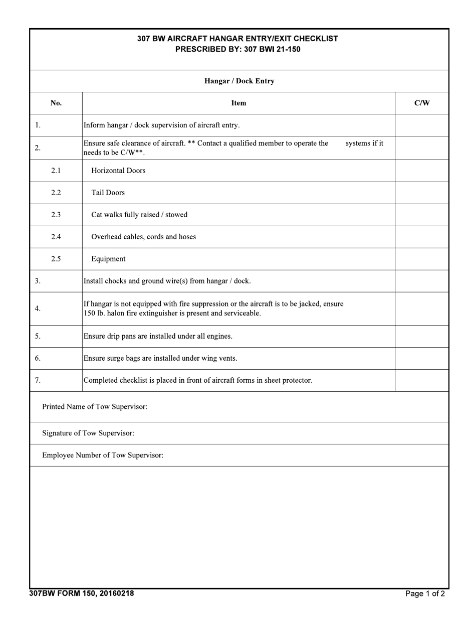 307 BW Form 150 307 Bw Aircraft Hangar Entry / Exit Checklist, Page 1