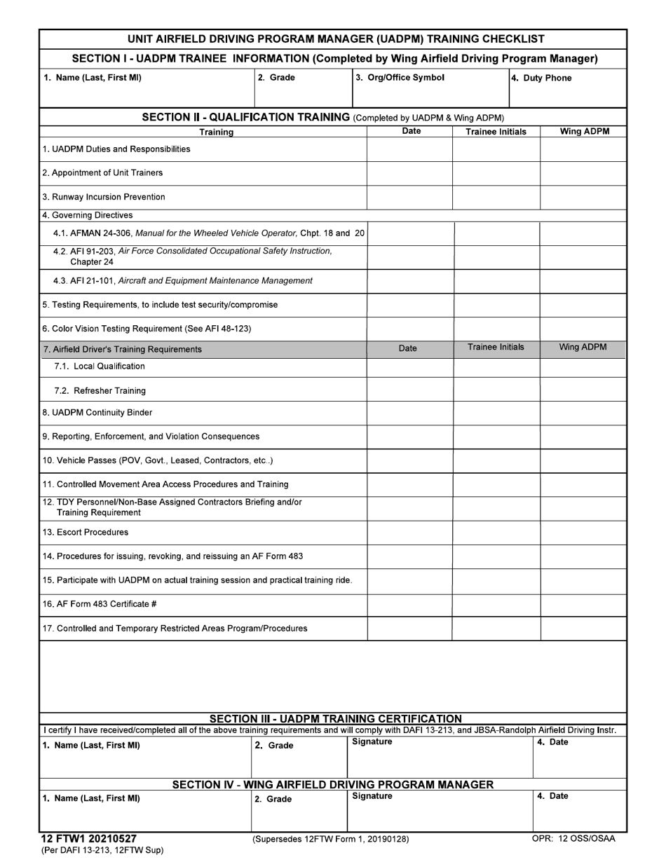 12FTW Form 1 Unit Airfield Driving Program Manager (Uadpm) Training Checklist, Page 1