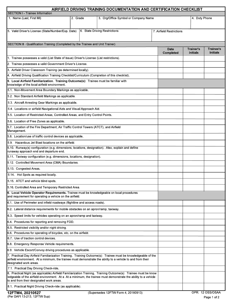 12FTW Form 4 Airfield Driving Qualification Training Checklist, Page 1