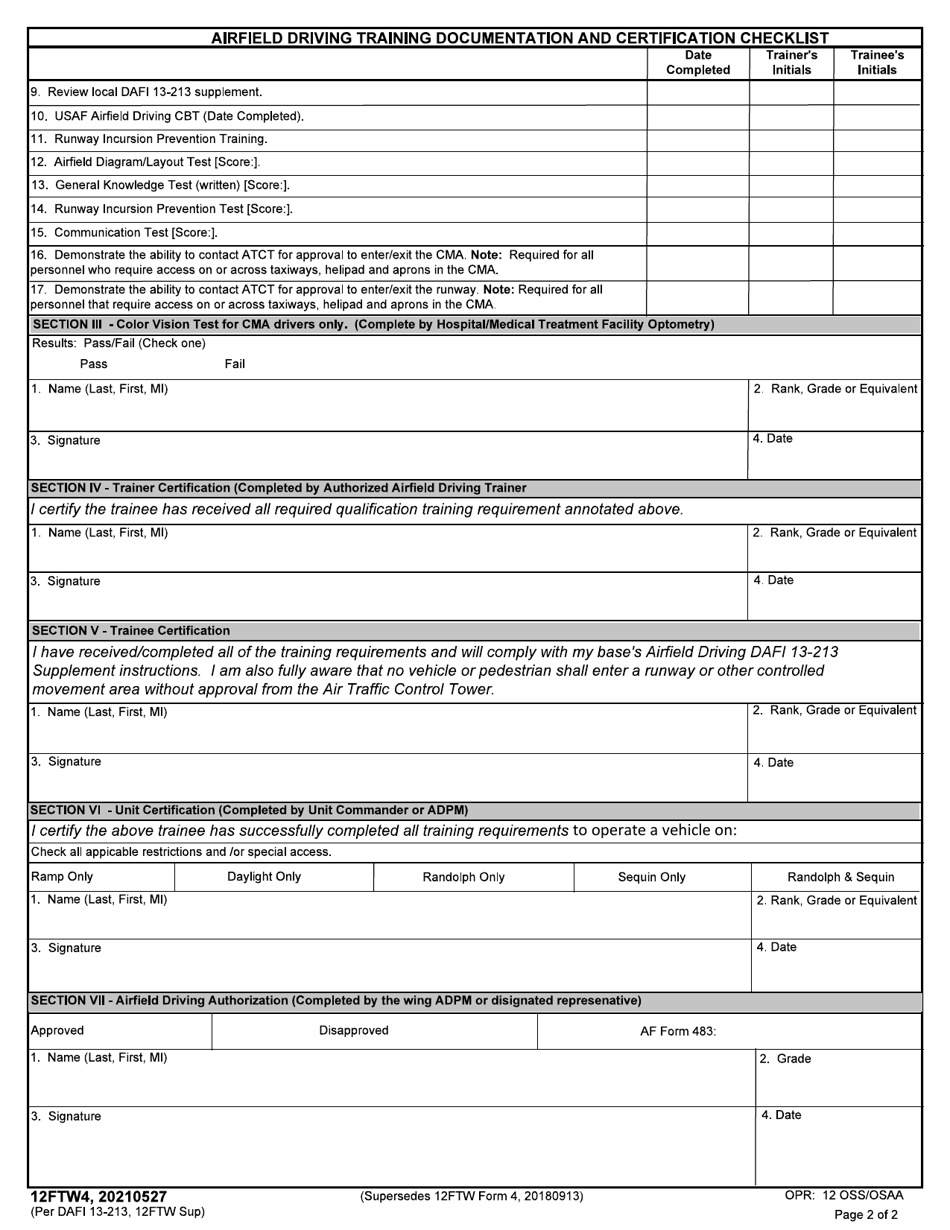 12FTW Form 4 Airfield Driving Qualification Training Checklist, Page 2